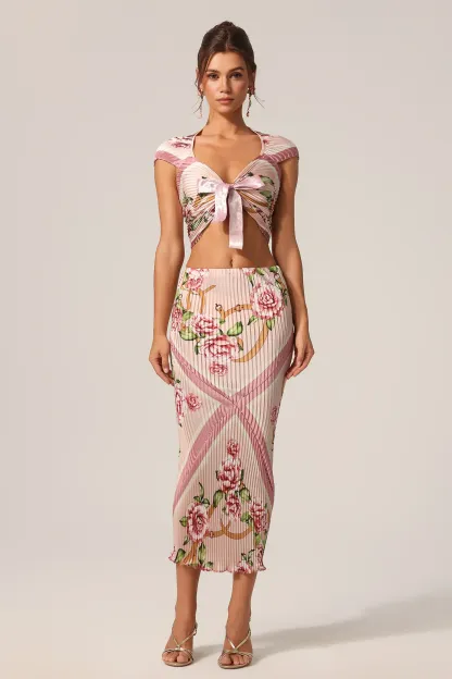 Lucinda Floral Printed Sleeveless Folds Bowknot Top And Skirt Two-Piece Set