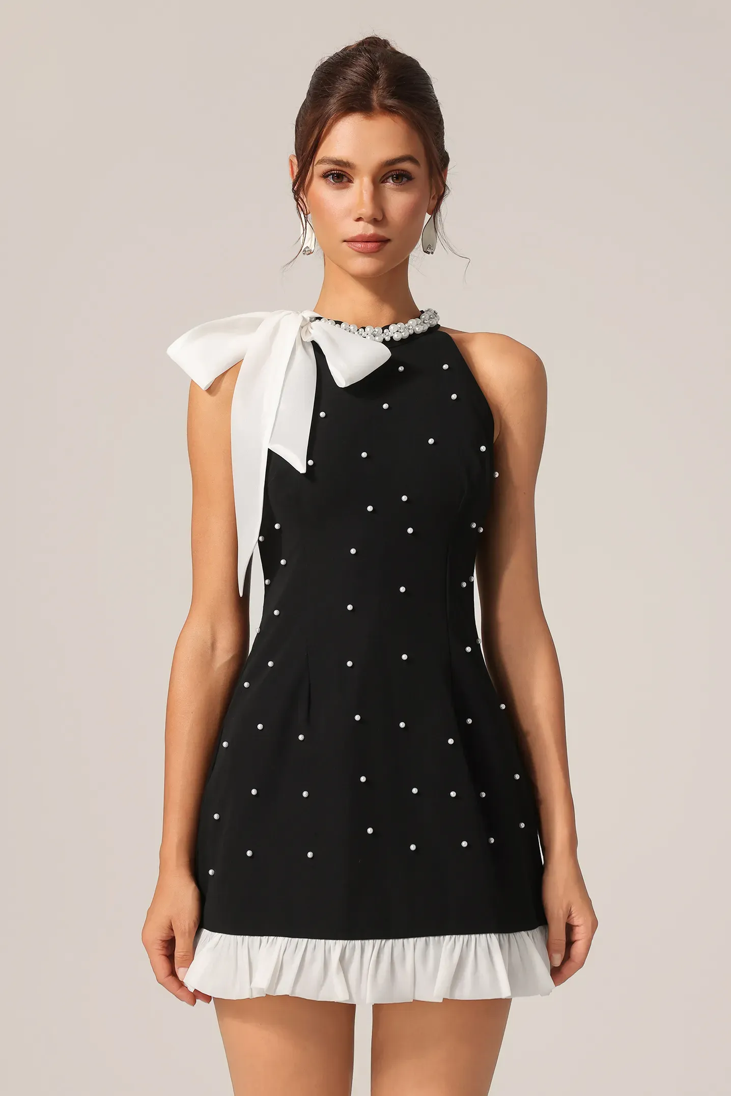 Karly Sleeveless Bowknot Pearl Mini Dress