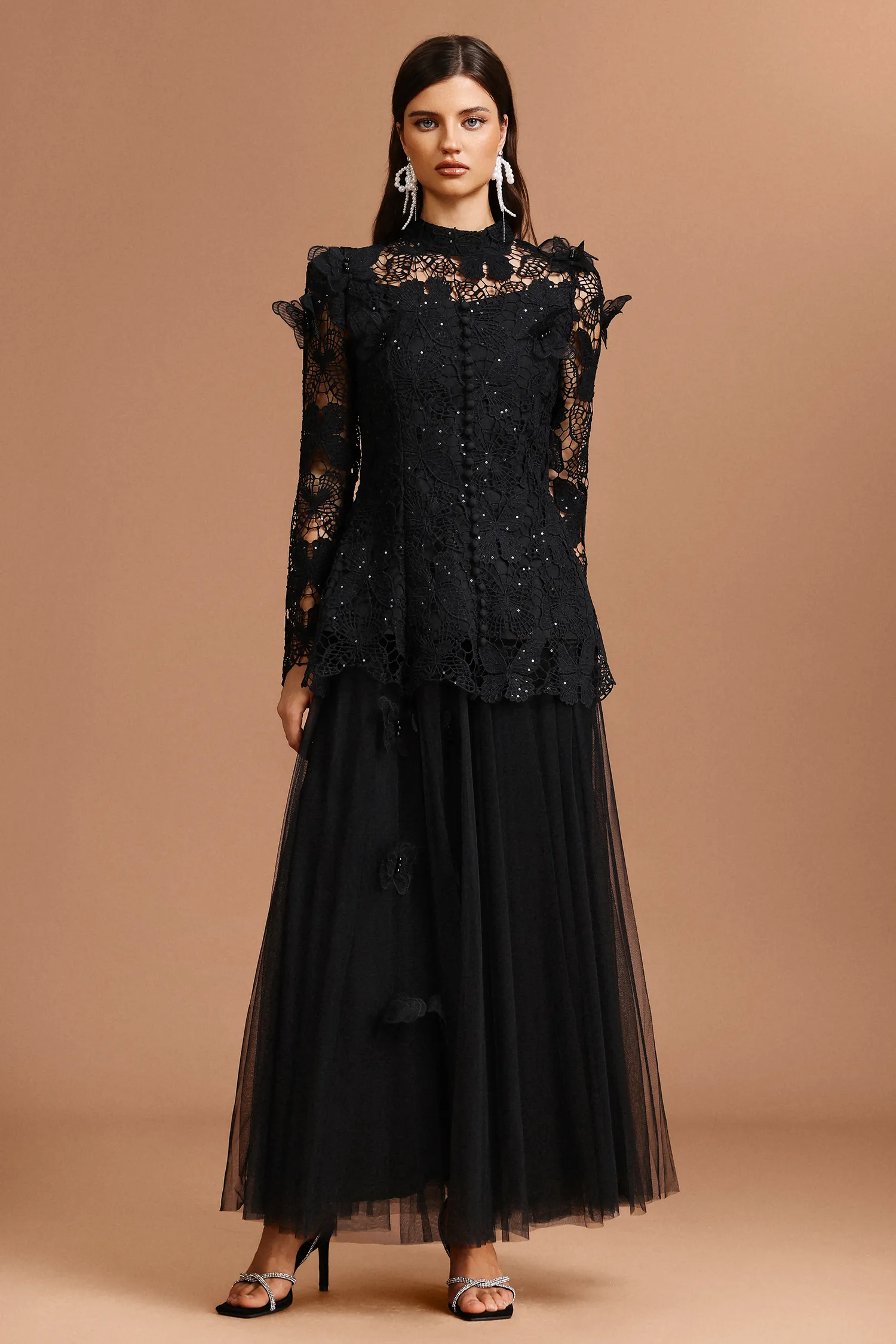 Carolyn Long Sleeve Folds Lace Butterfly Top And Skirt Two-Piece Set