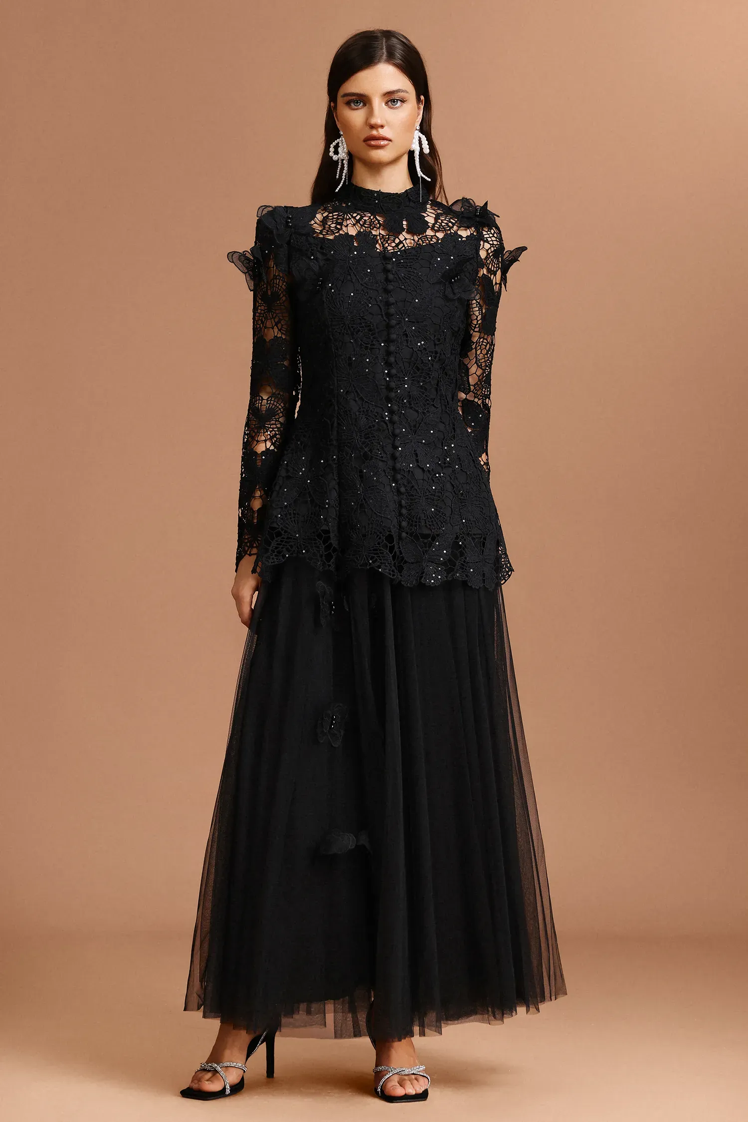 Carolyn Long Sleeve Folds Lace Butterfly Top And Skirt Two-Piece Set