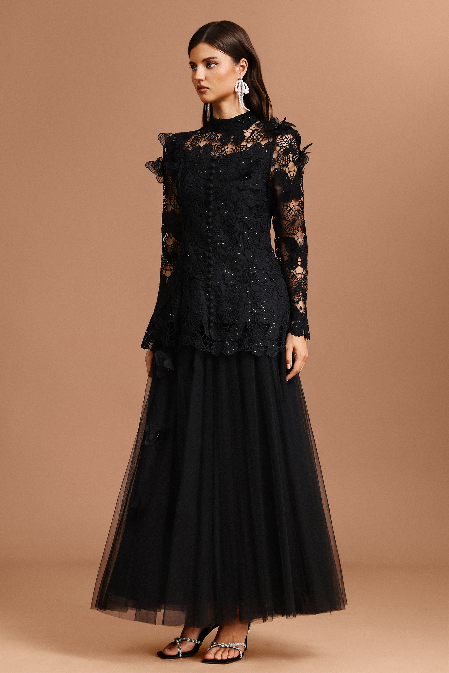 Carolyn Long Sleeve Folds Lace Butterfly Top And Skirt Two-Piece Set