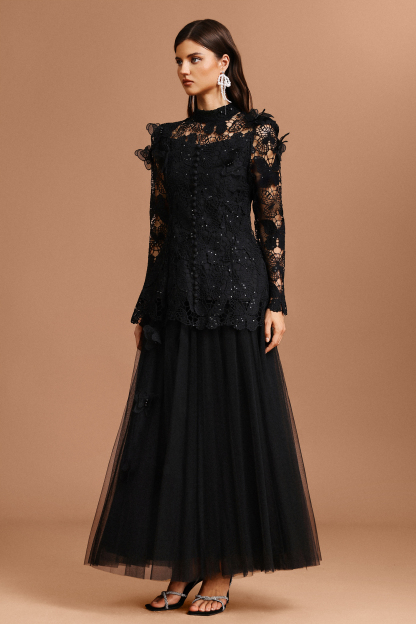 Carolyn Long Sleeve Folds Lace Butterfly Top And Skirt Two-Piece Set