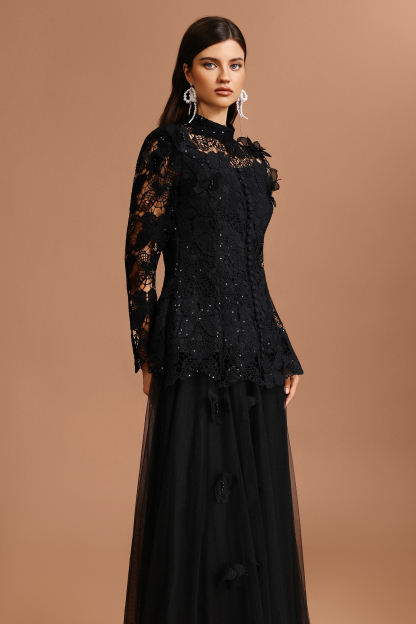 Carolyn Long Sleeve Folds Lace Butterfly Top And Skirt Two-Piece Set