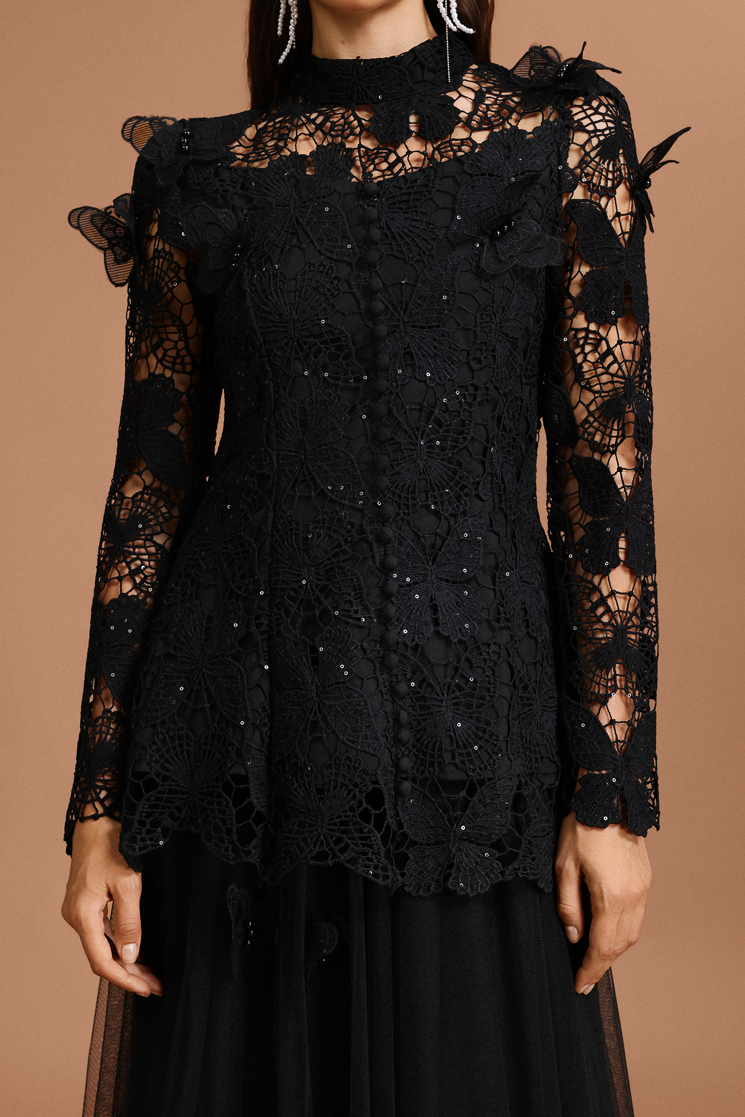 Carolyn Long Sleeve Folds Lace Butterfly Top And Skirt Two-Piece Set