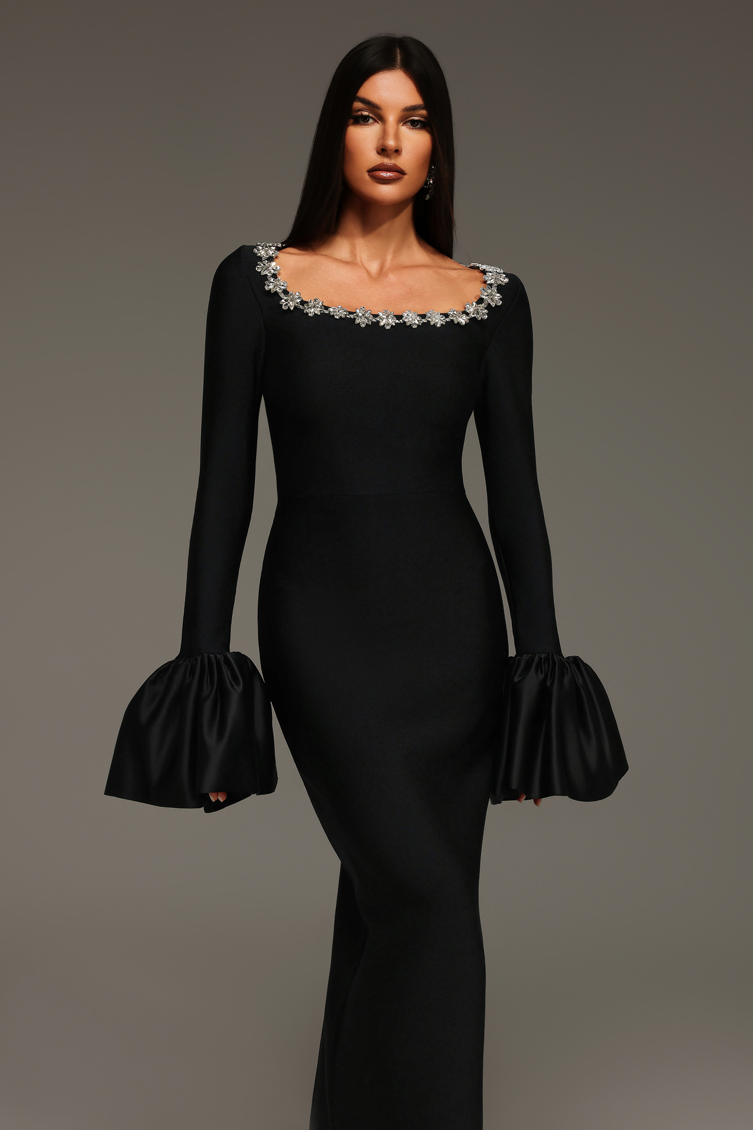 Karma Trumpet Sleeve Diamond Bandage Maxi Dress