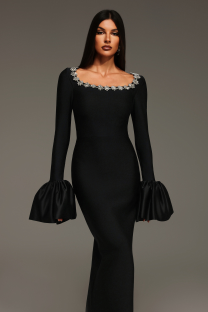 Karma Trumpet Sleeve Diamond Bandage Maxi Dress