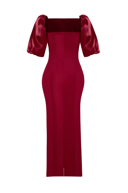 Hailey Faux Pearl Square Neck Puff Sleeve Midi Dress