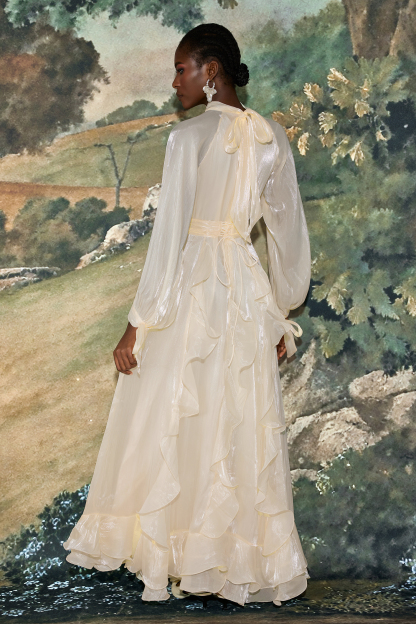 Etha Solid Stand Collar Pleated Frill Maxi Dress With Belt