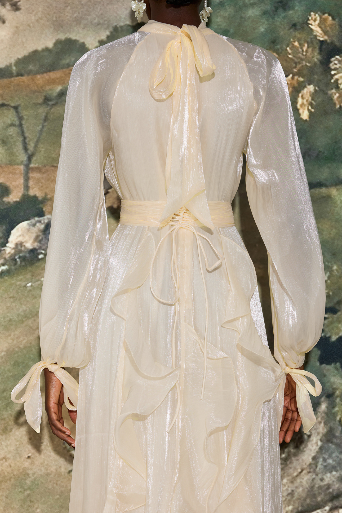 Etha Solid Stand Collar Pleated Frill Maxi Dress With Belt