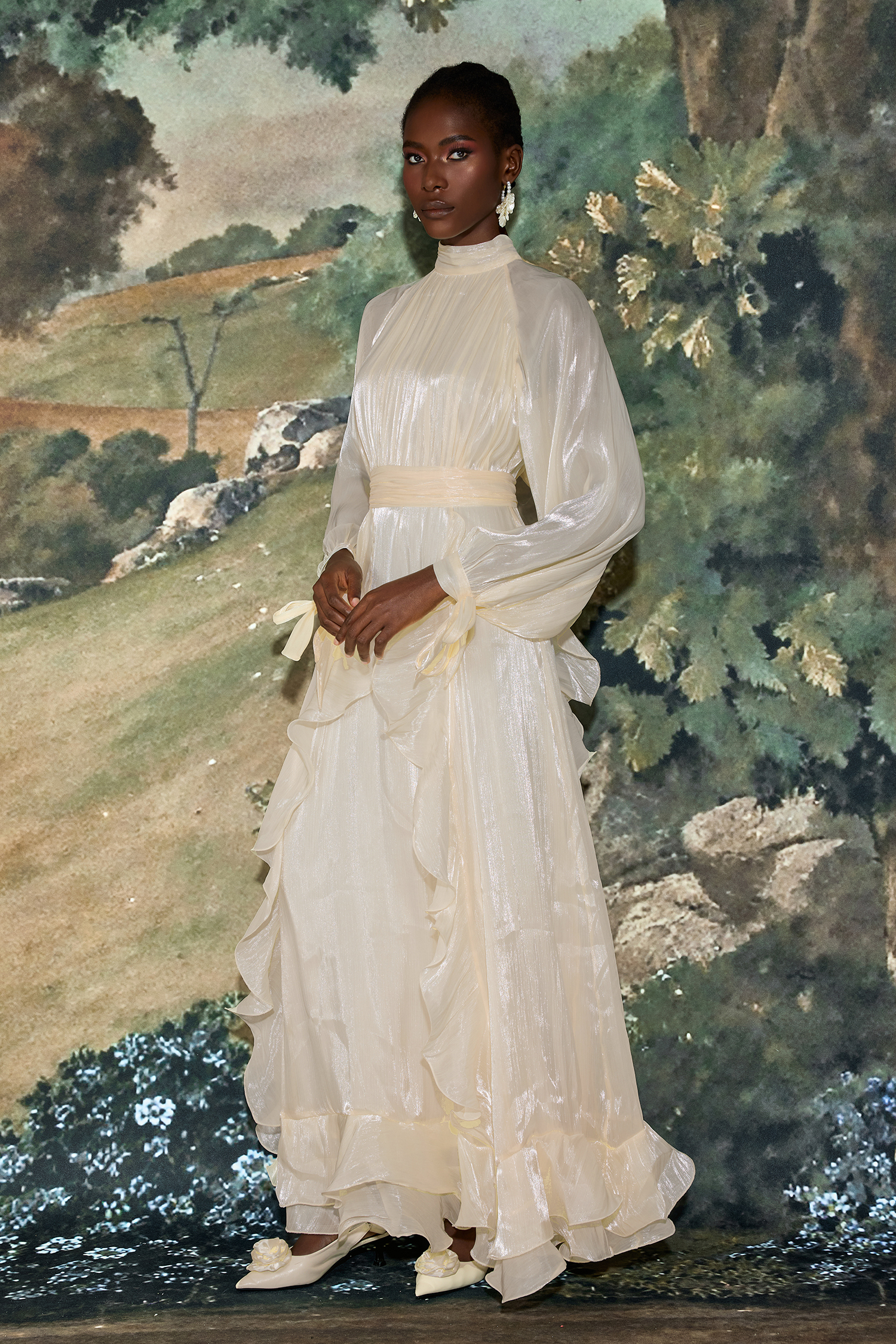 Etha Solid Stand Collar Pleated Frill Maxi Dress With Belt