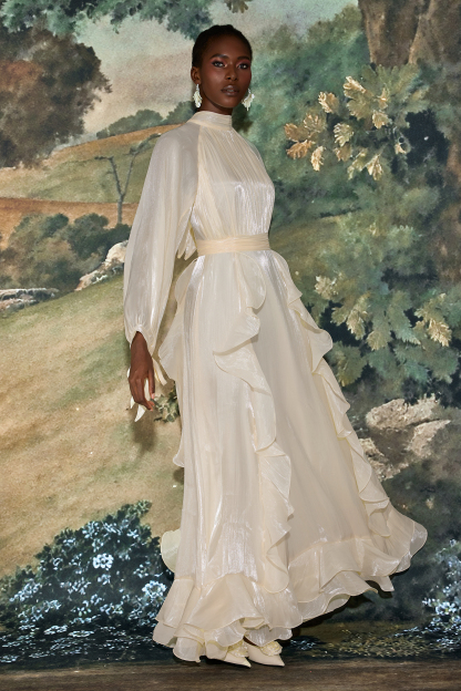 Etha Solid Stand Collar Pleated Frill Maxi Dress With Belt