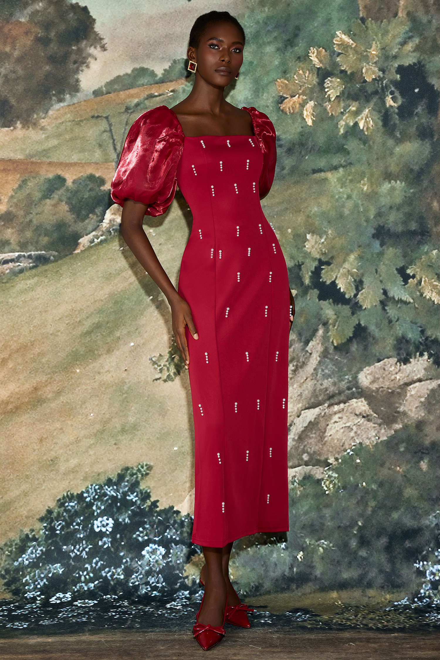 Hailey Faux Pearl Square Neck Puff Sleeve Midi Dress