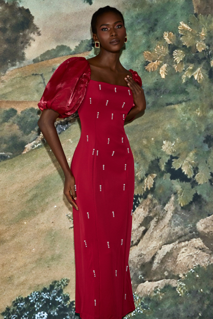 Hailey Faux Pearl Square Neck Puff Sleeve Midi Dress