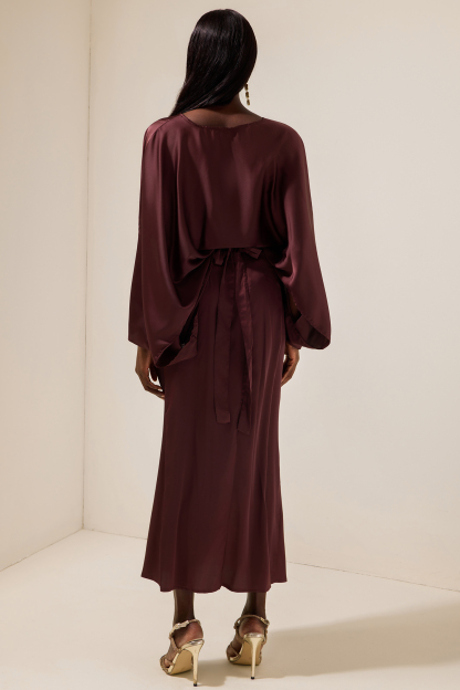 Felicia Satin Batwing Sleeve Top & Wrap Dress Midi Skirt Set