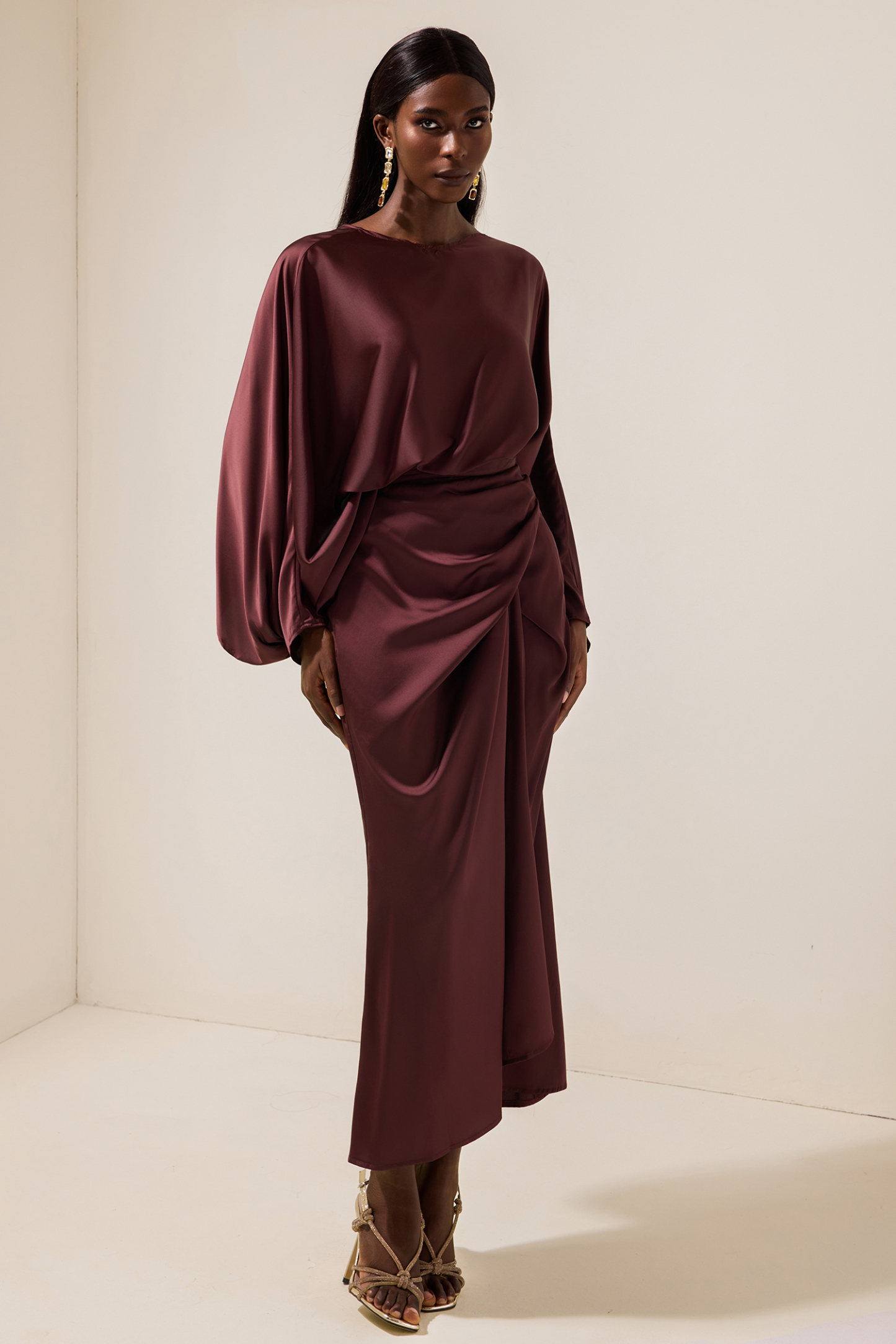 Felicia Satin Batwing Sleeve Top & Wrap Dress Midi Skirt Set