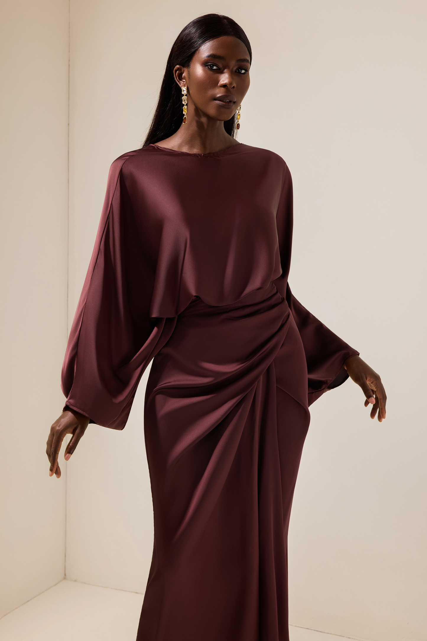 Felicia Satin Batwing Sleeve Top & Wrap Dress Midi Skirt Set