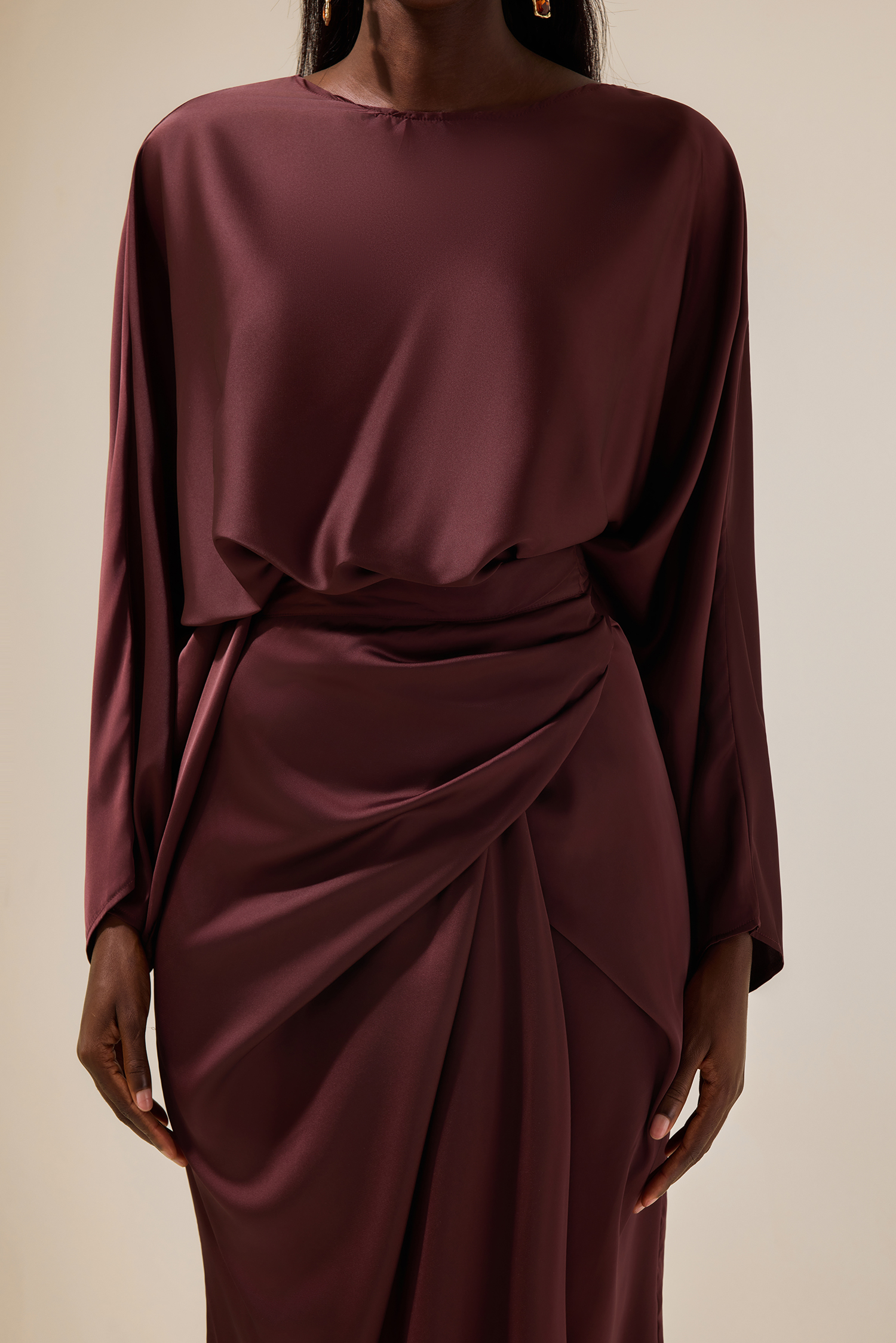 Felicia Satin Batwing Sleeve Top & Wrap Dress Midi Skirt Set