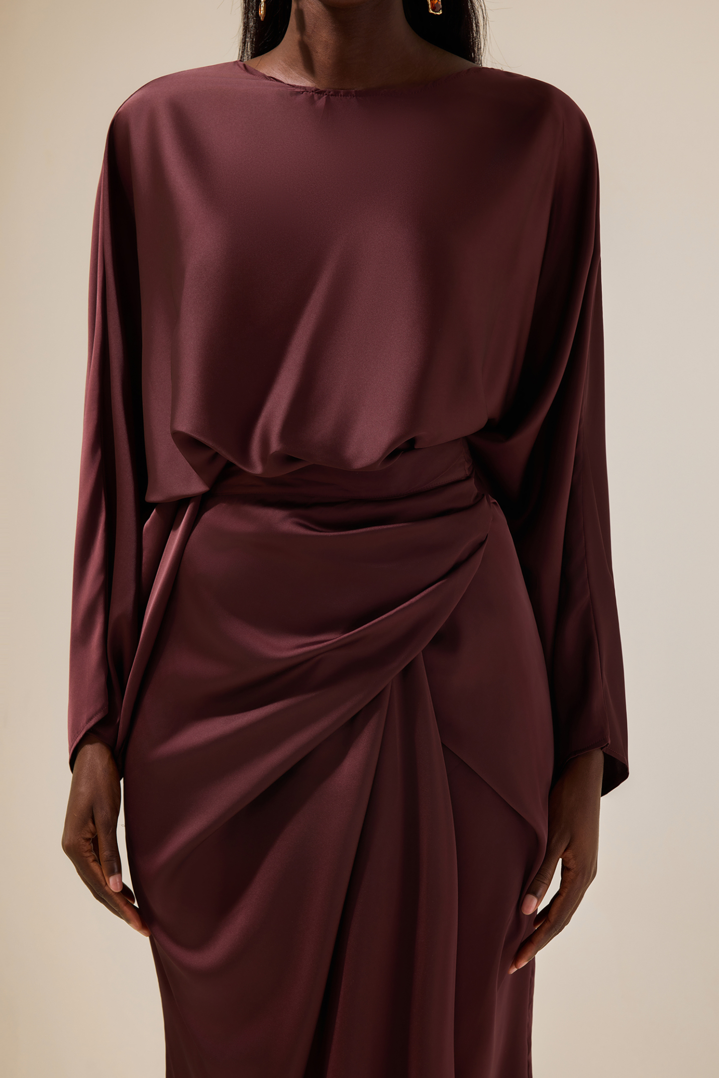 Felicia Satin Batwing Sleeve Top & Wrap Dress Midi Skirt Set