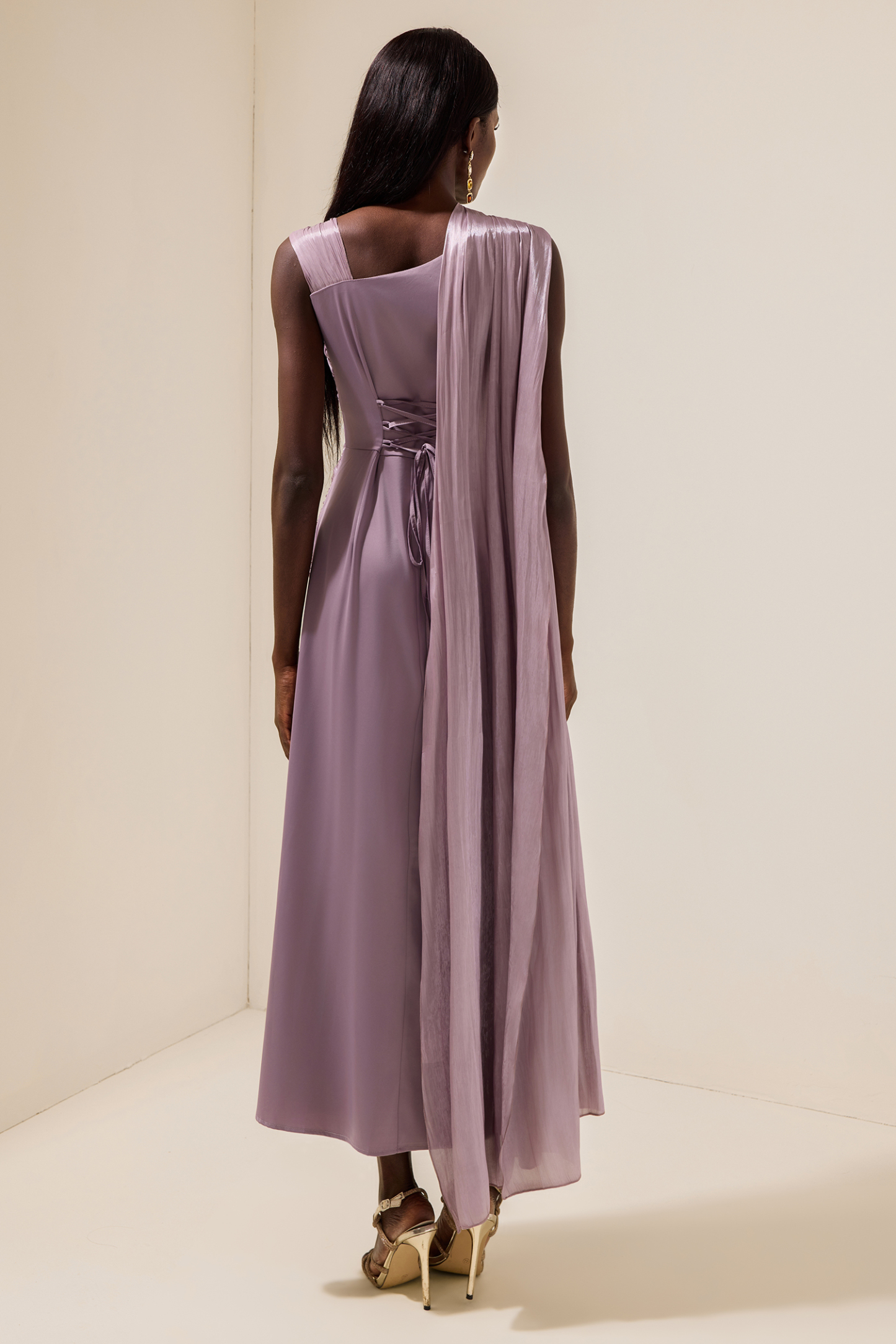 Arlene Satin Gathering Cape Sleeve Midi Dress