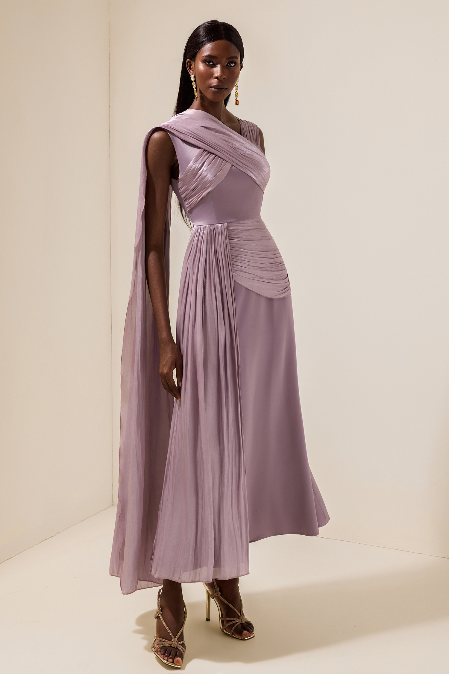 Arlene Satin Gathering Cape Sleeve Midi Dress