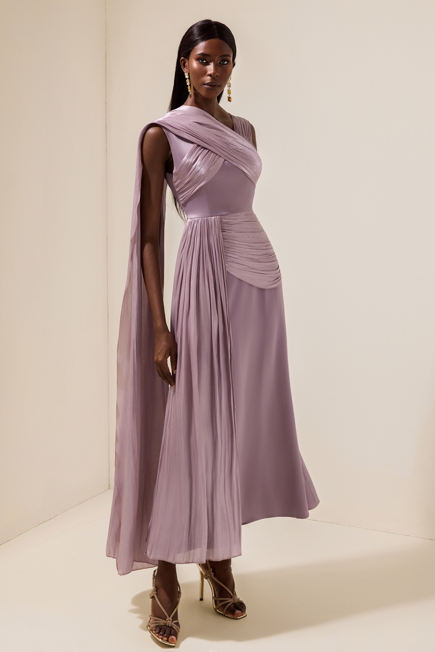 Arlene Satin Gathering Cape Sleeve Midi Dress