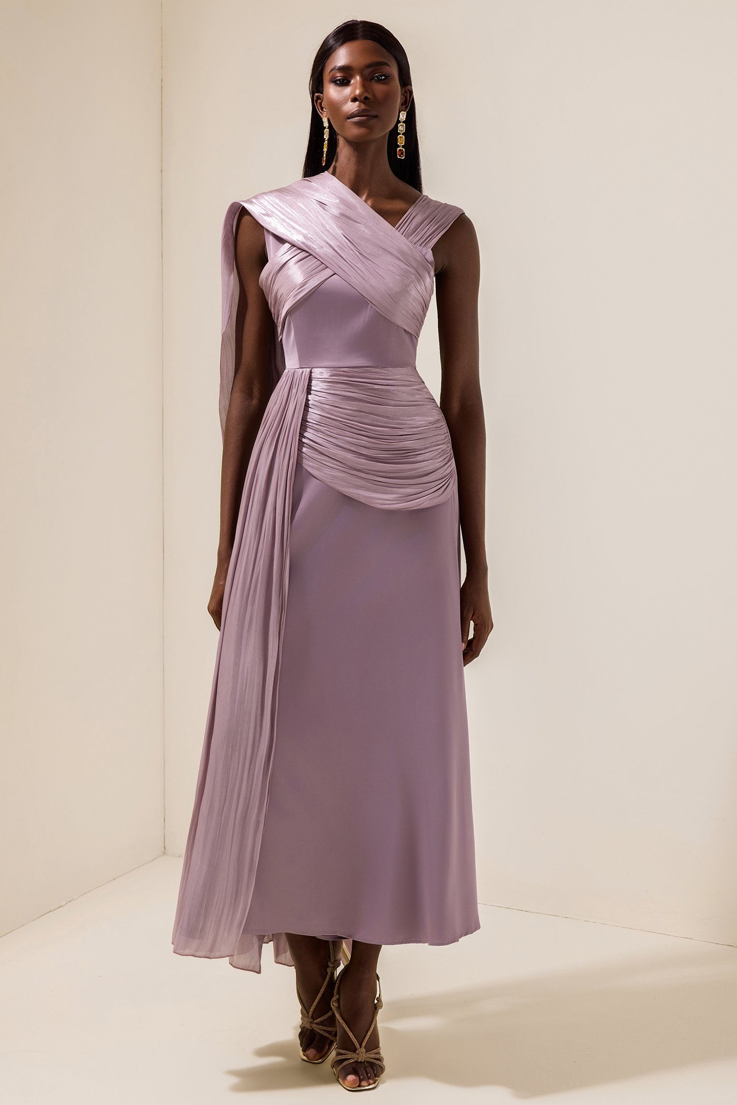 Arlene Satin Gathering Cape Sleeve Midi Dress