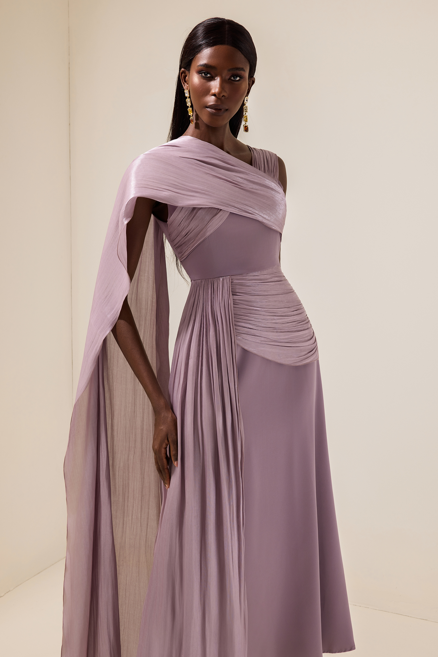 Arlene Satin Gathering Cape Sleeve Midi Dress