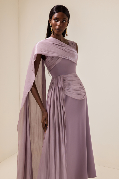 Arlene Satin Gathering Cape Sleeve Midi Dress