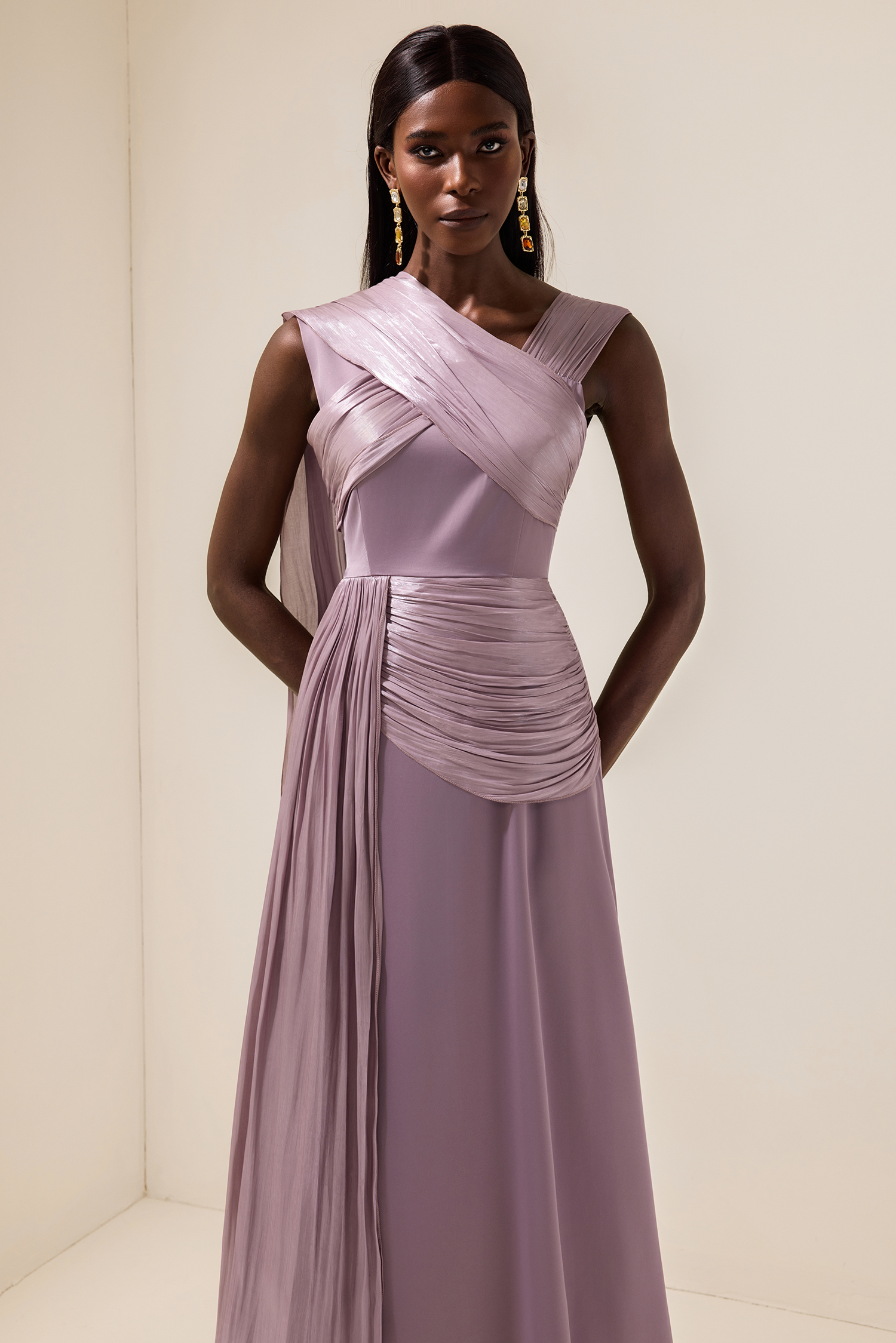 Arlene Satin Gathering Cape Sleeve Midi Dress