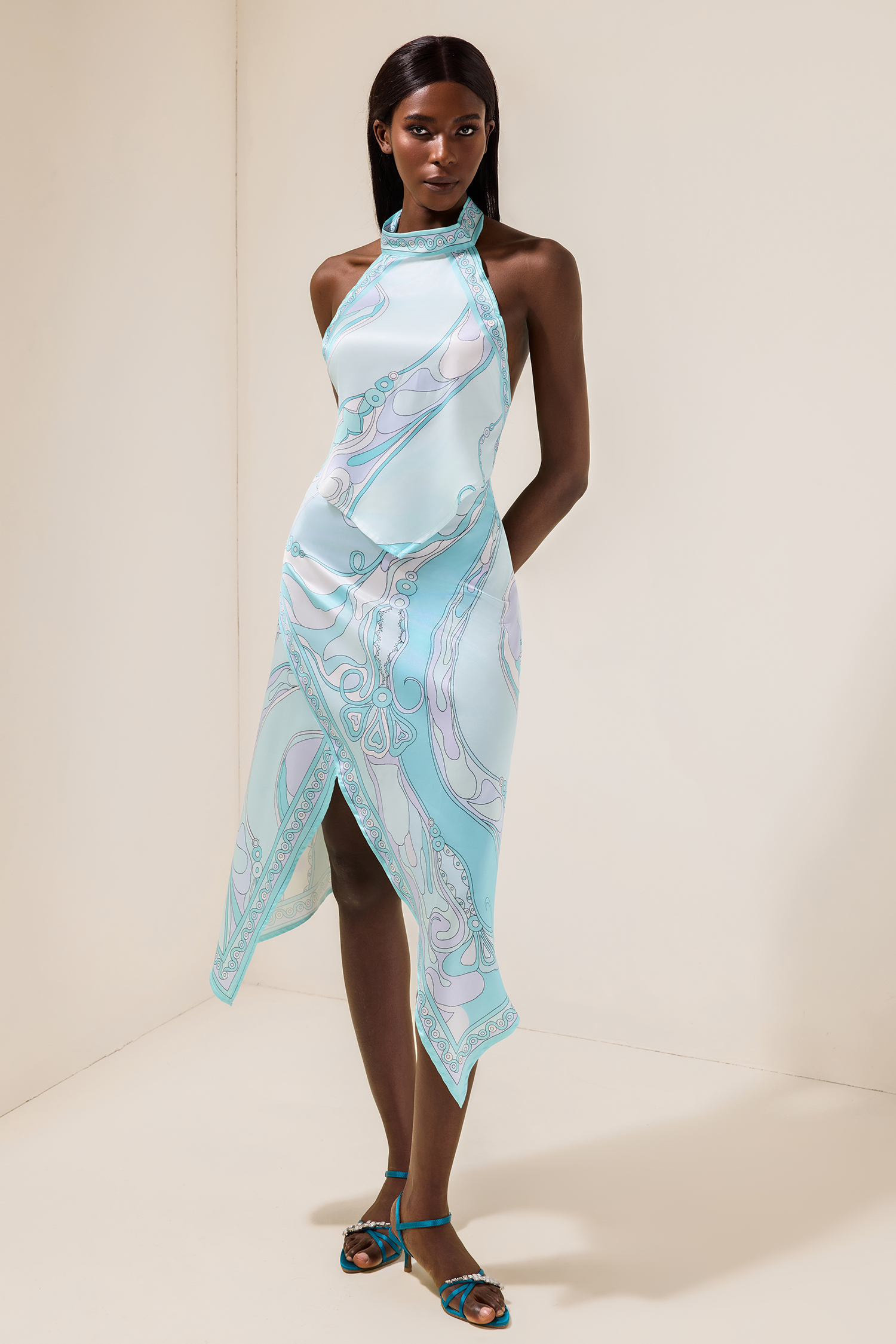 Evelia Satin Halter Neck Mini Top & Scarf Print Mid Waist Midi Skirt Set