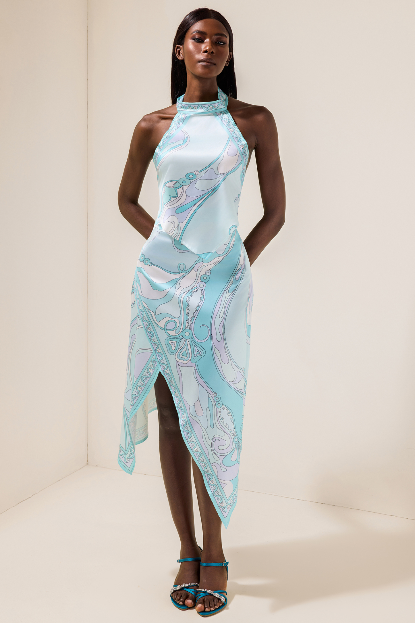 Evelia Satin Halter Neck Mini Top & Scarf Print Mid Waist Midi Skirt Set