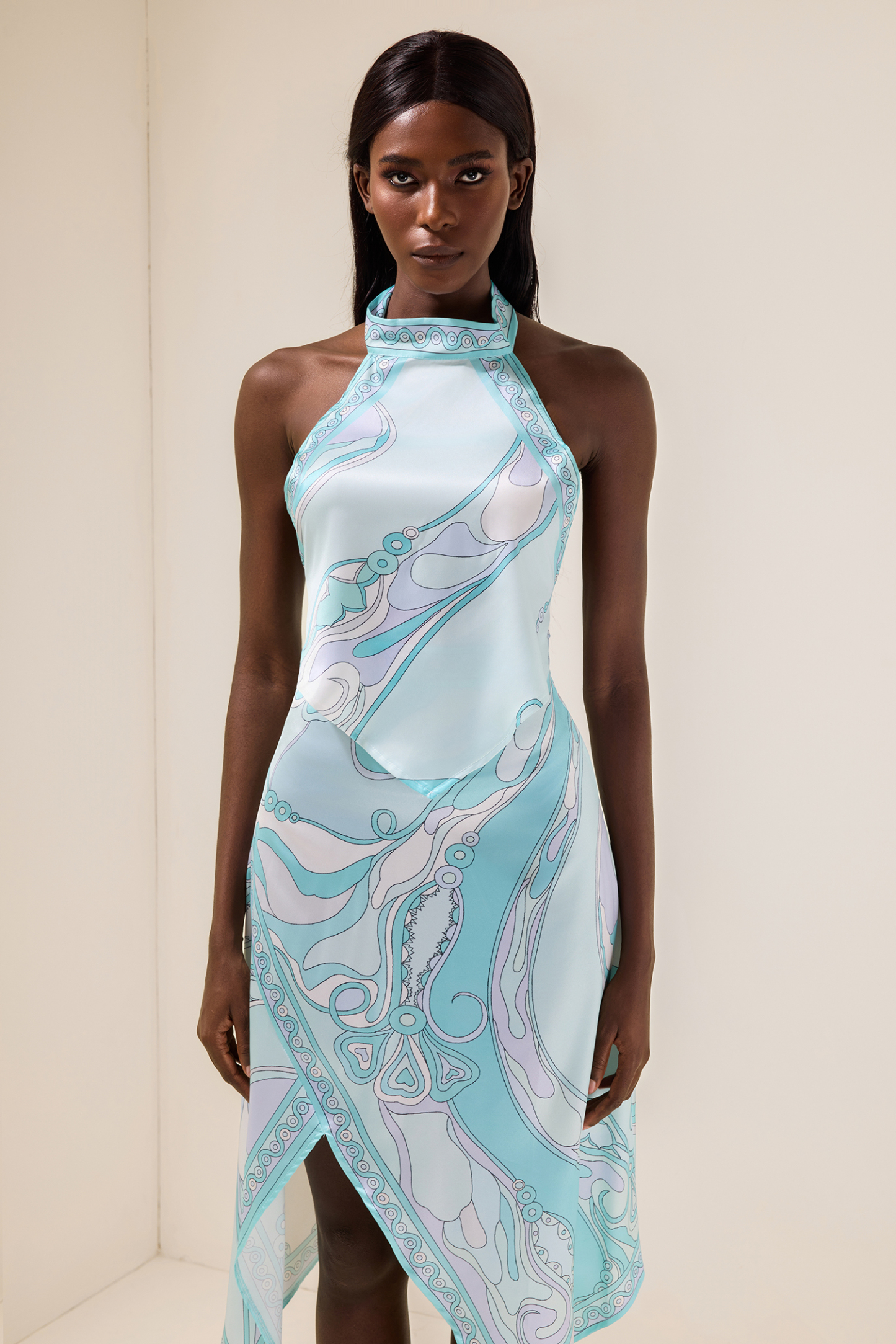 Evelia Satin Halter Neck Mini Top & Scarf Print Mid Waist Midi Skirt Set