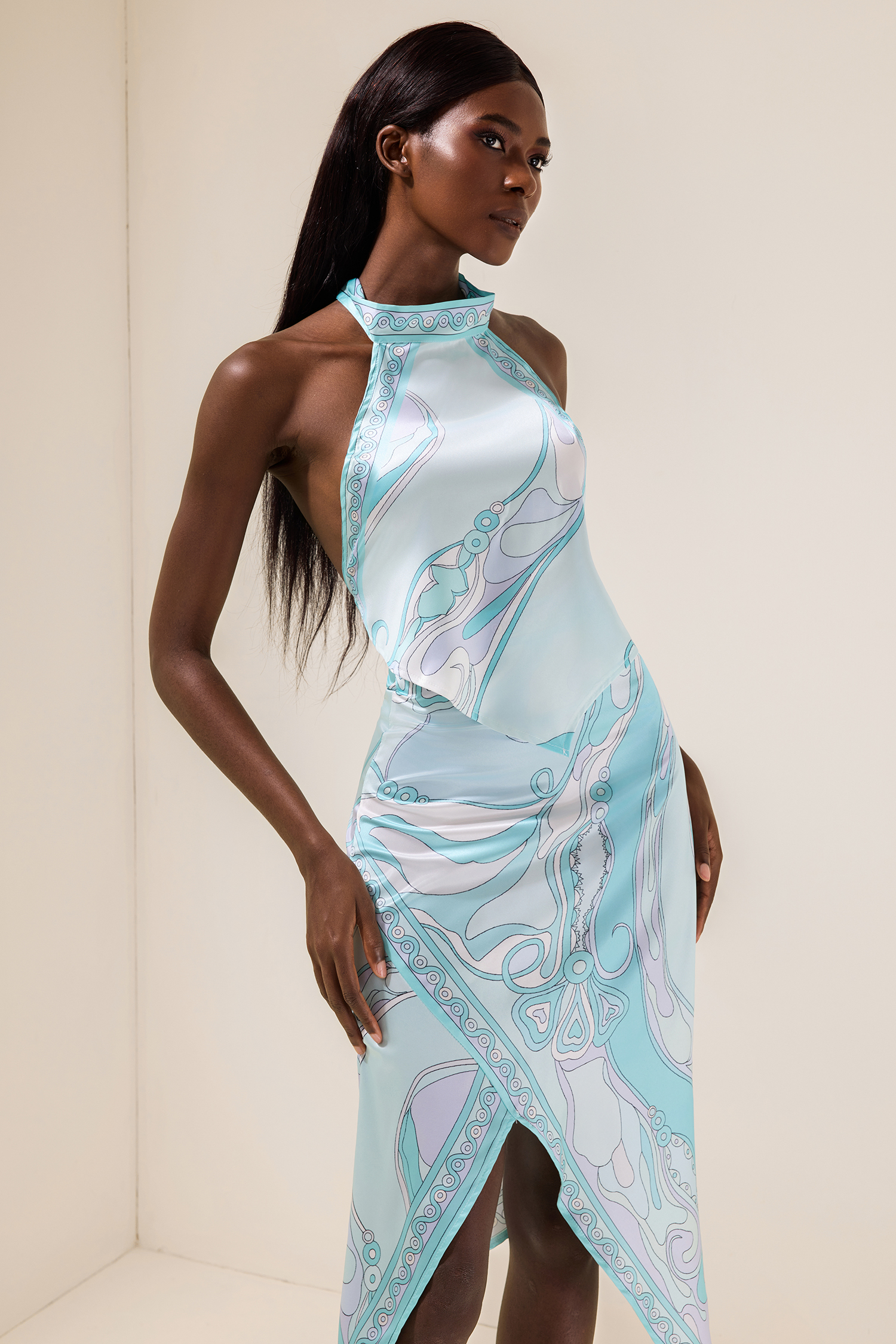 Evelia Satin Halter Neck Mini Top & Scarf Print Mid Waist Midi Skirt Set