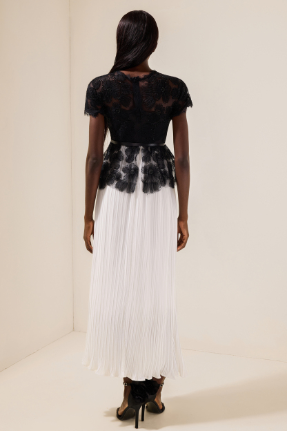 Cecile Black Lace Splicing Pleated Midi Dress With Belt