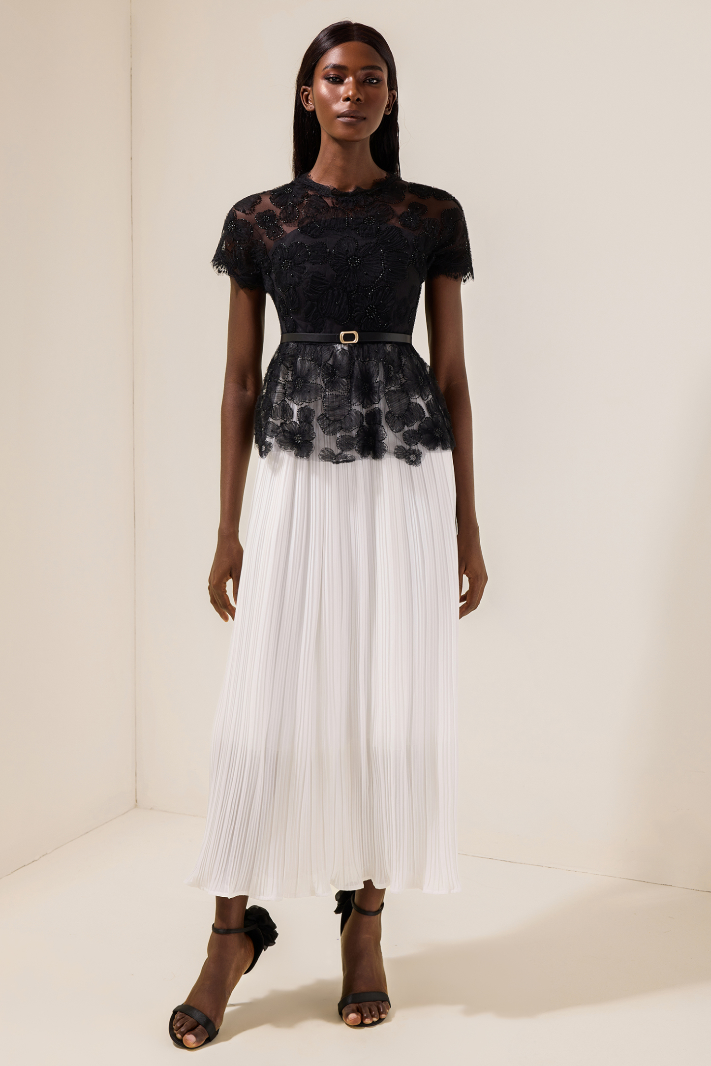 Cecile Black Lace Splicing Pleated Midi Dress With Belt