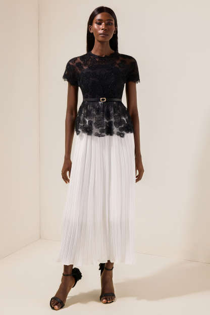 Cecile Black Lace Splicing Pleated Midi Dress With Belt