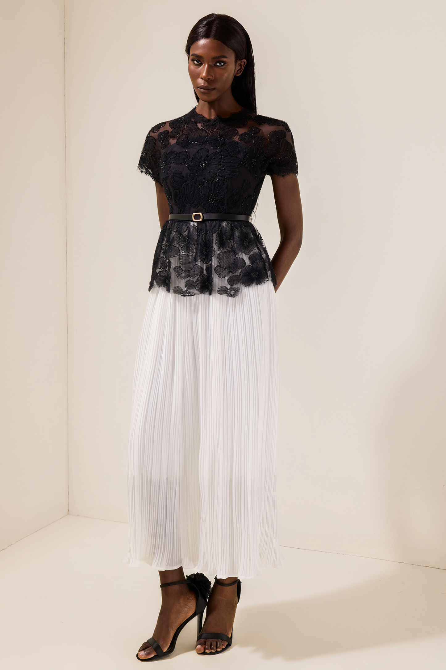 Cecile Black Lace Splicing Pleated Midi Dress With Belt