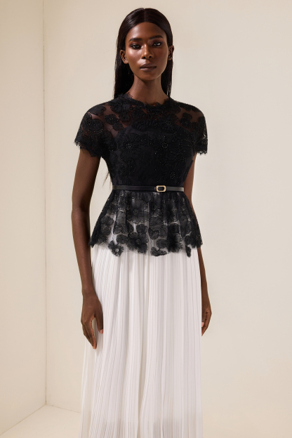 Cecile Black Lace Splicing Pleated Midi Dress With Belt