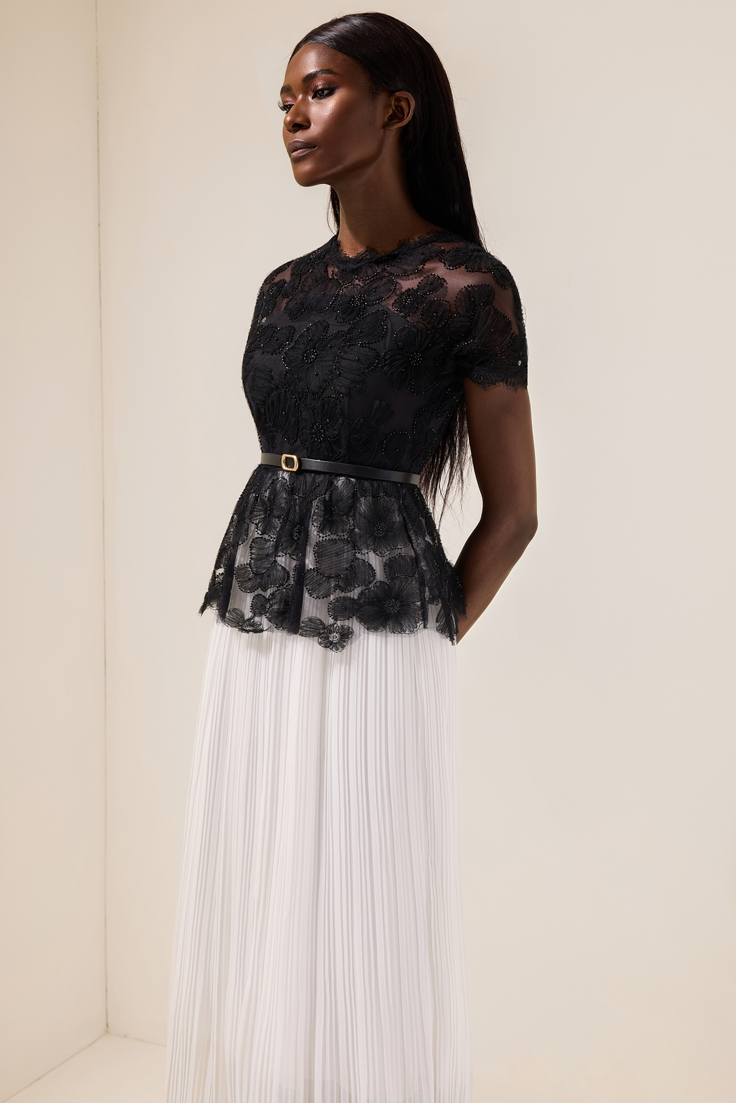 Cecile Black Lace Splicing Pleated Midi Dress With Belt