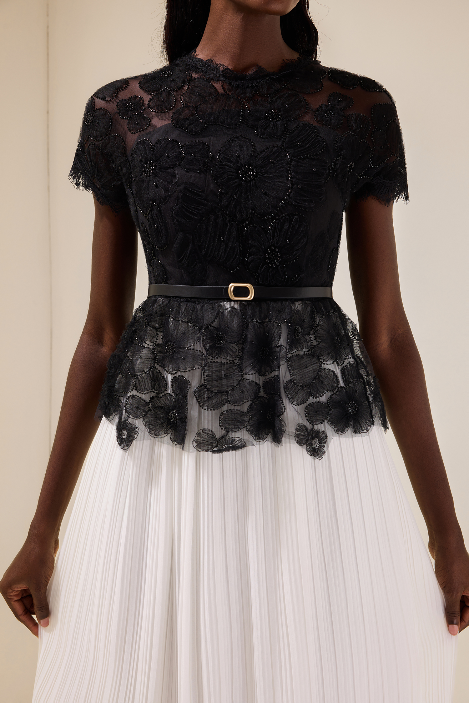 Cecile Black Lace Splicing Pleated Midi Dress With Belt