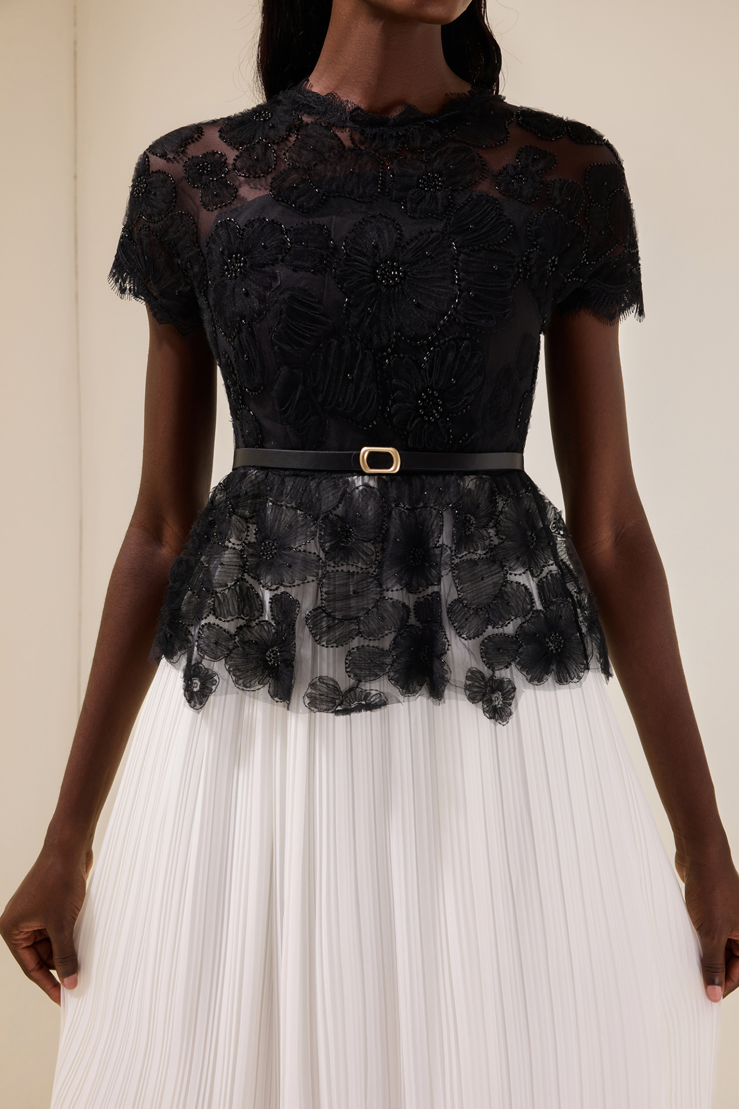 Cecile Black Lace Splicing Pleated Midi Dress With Belt