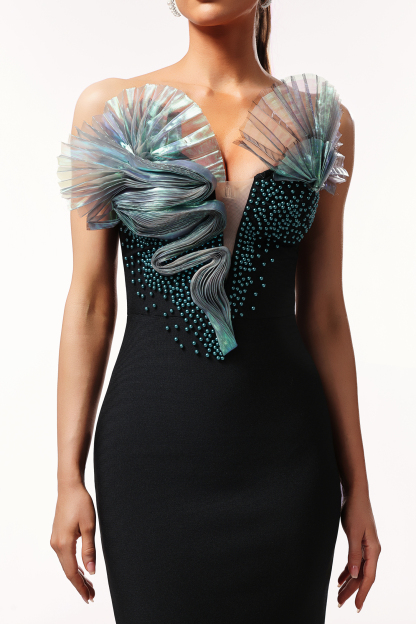 Ursula Sleeveless Wrinkles Pearl Bandage Maxi Dress