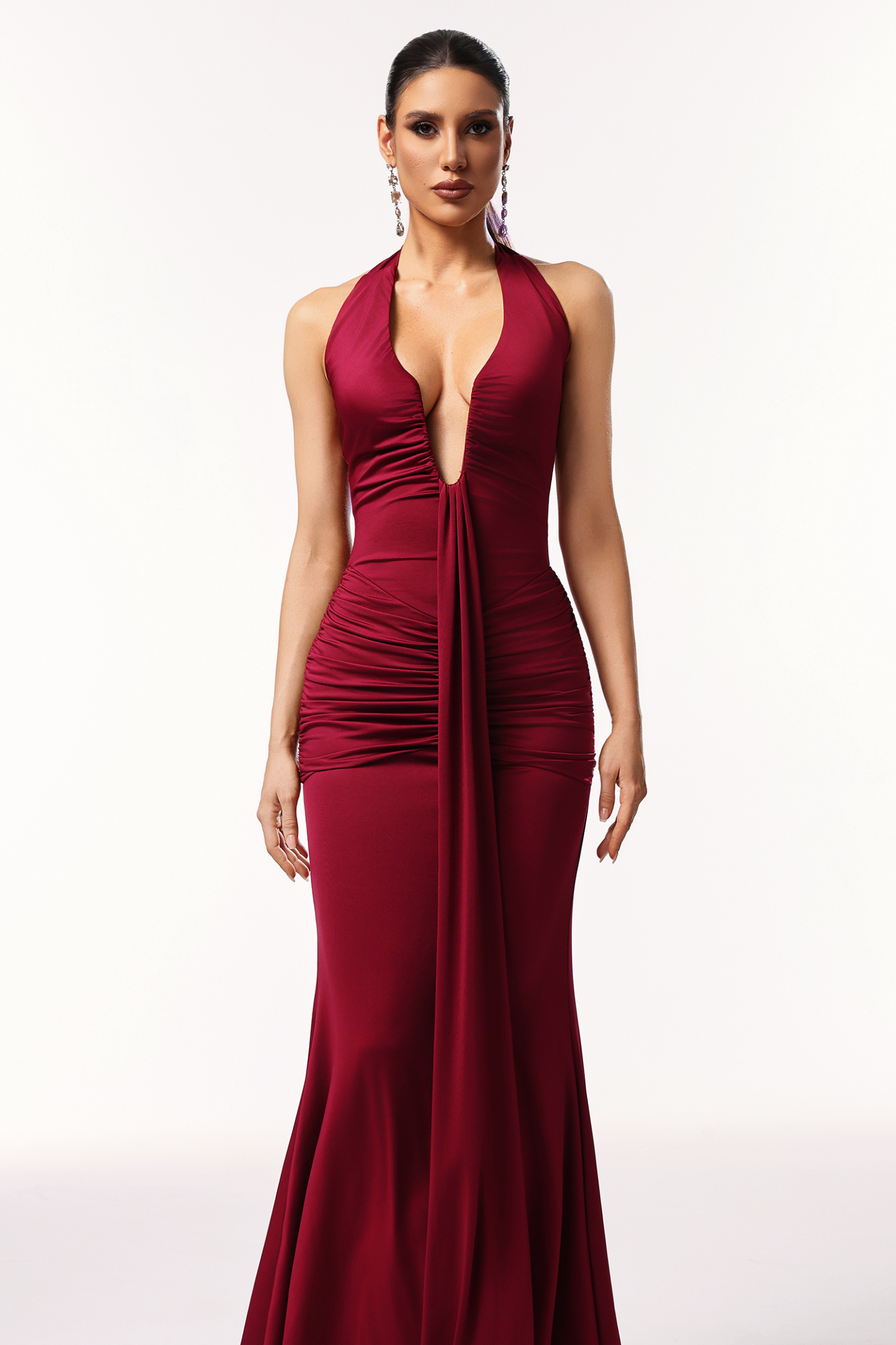 Patricia Halter Sleeveless V-Neck Wrinkles Maxi Dress