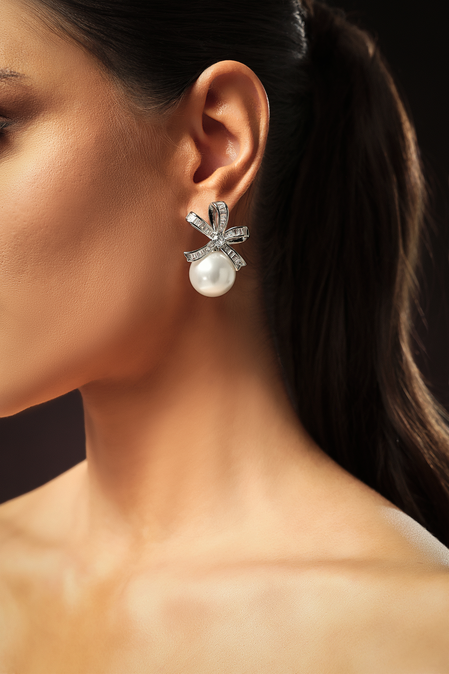 Kaylie Pearl Diamond Ribbon Earrings