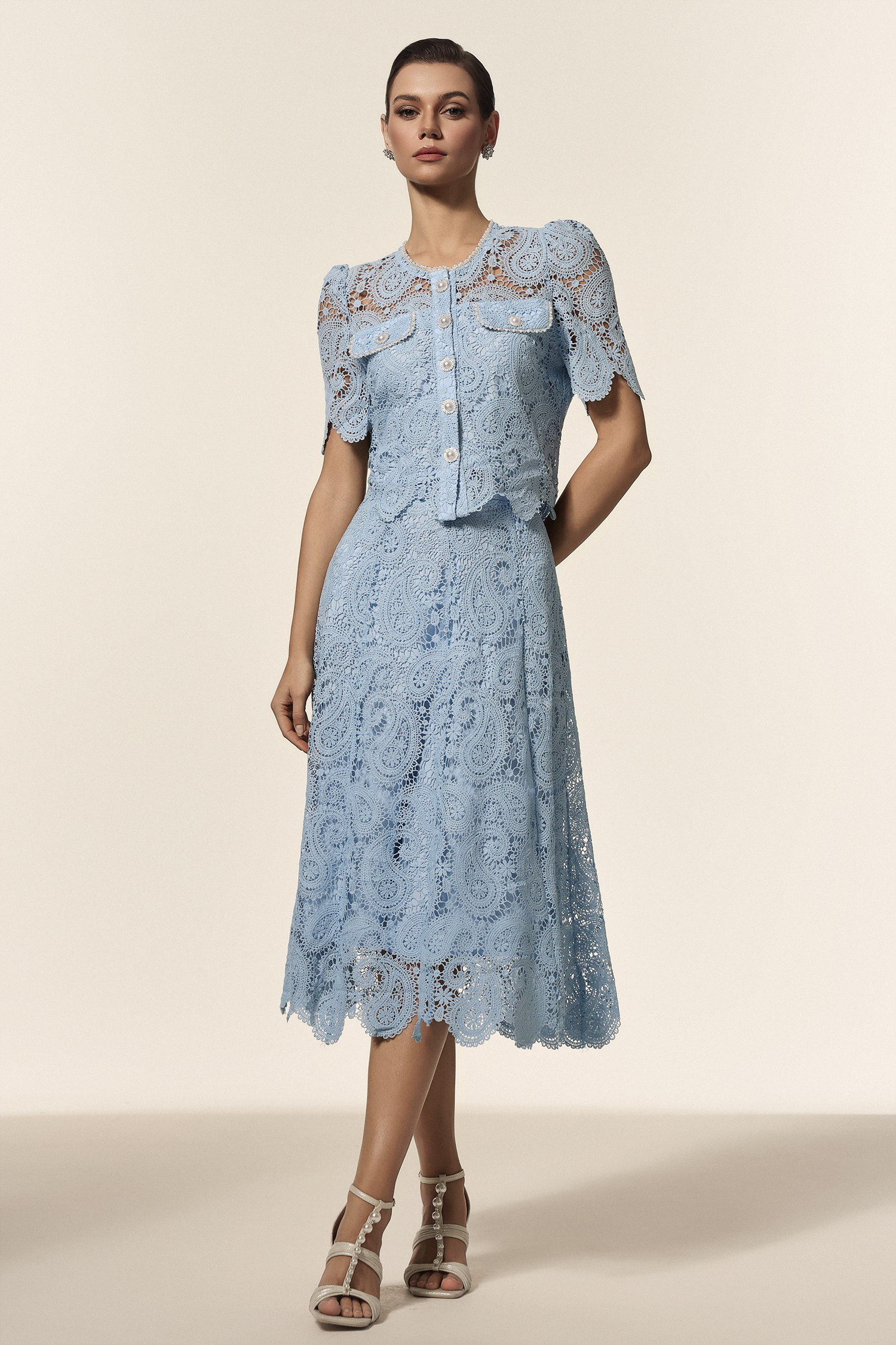 Mary Round Neck Short Sleeves Diamond Lace Top And Skirt Two-Piece Set