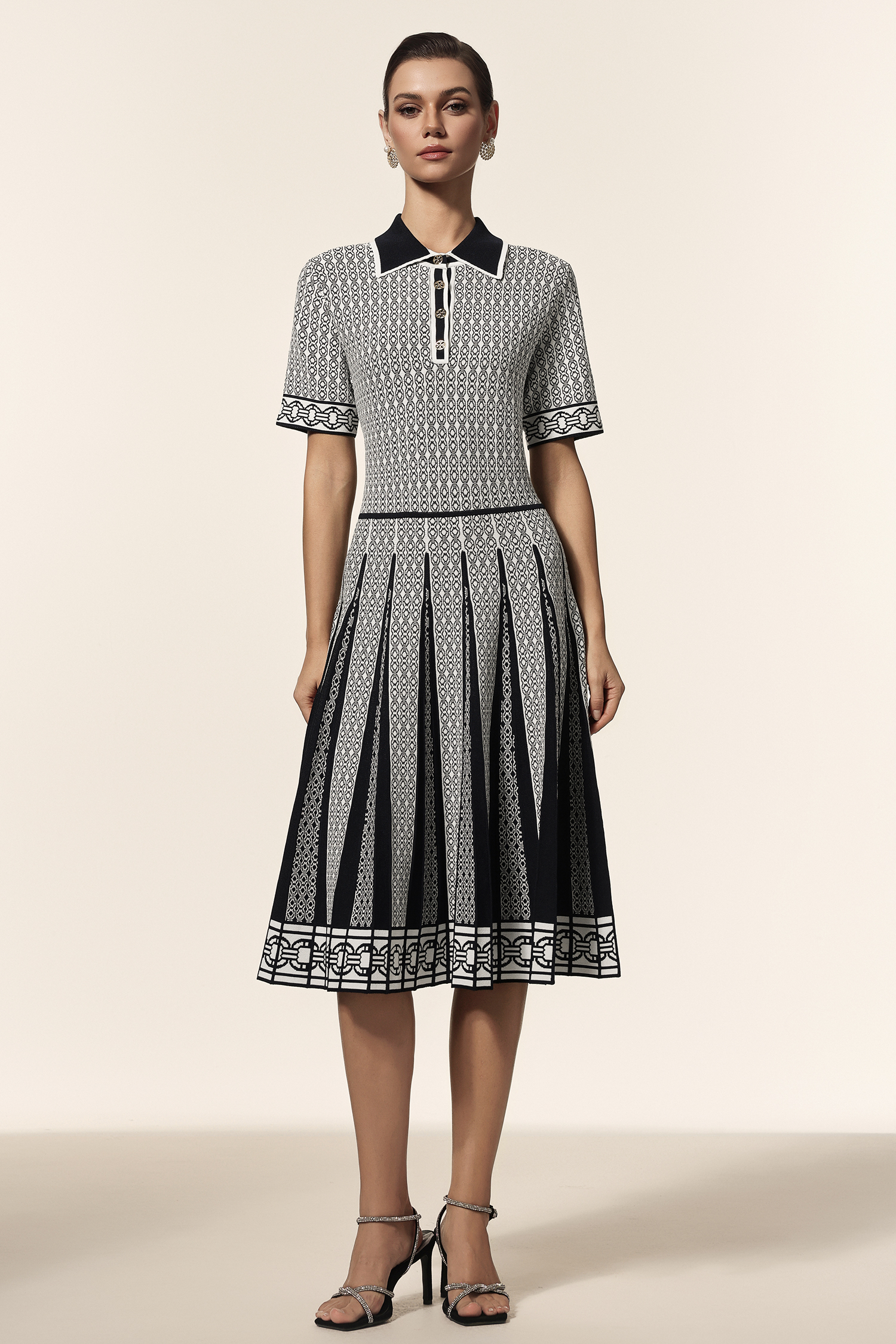 Julia Lapel Short Sleeves Jacquard Folds Mini Dress