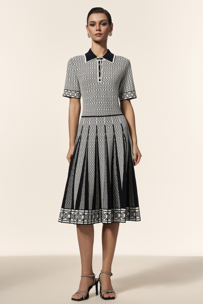 Julia Lapel Short Sleeves Jacquard Folds Mini Dress