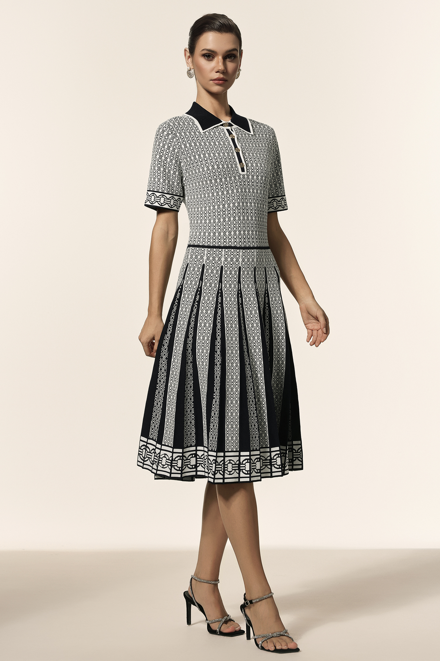 Julia Lapel Short Sleeves Jacquard Folds Mini Dress