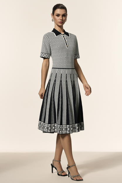 Julia Lapel Short Sleeves Jacquard Folds Mini Dress