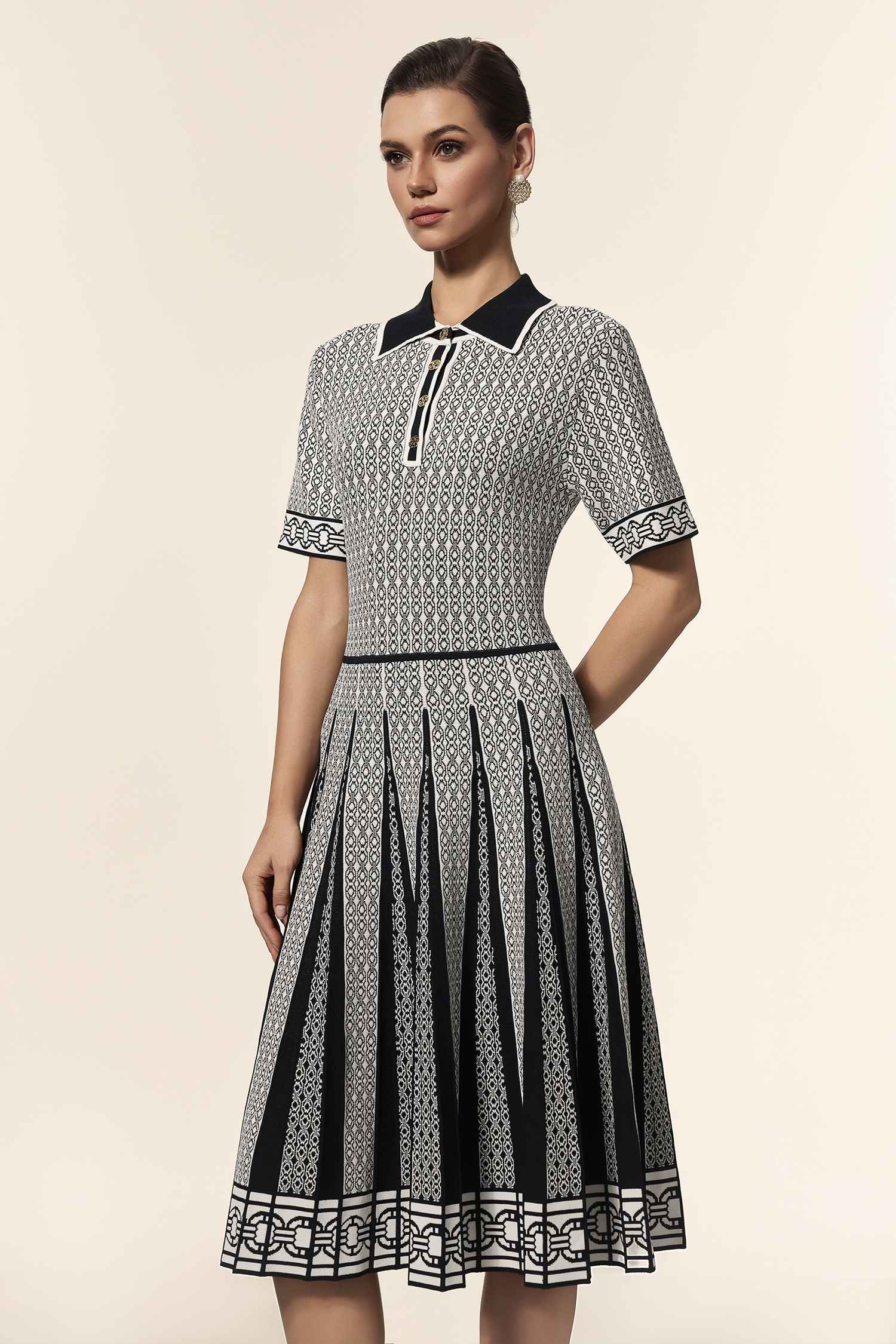 Julia Lapel Short Sleeves Jacquard Folds Mini Dress